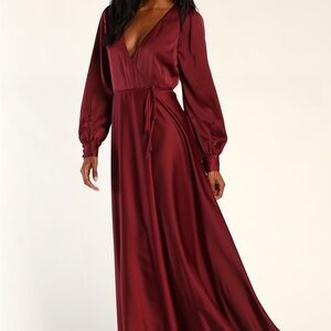 Lulus Eternal Amore Burgundy Long Sleeve Button Cuff Wrap Maxi Dress Size L